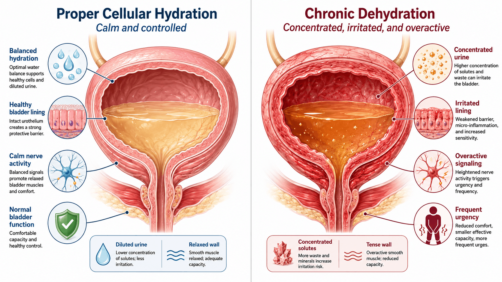 Medical illustration: healthy vs degraded pelvic floor collagen scaffolding