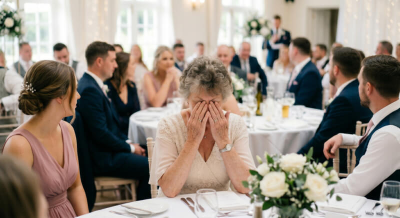 Older woman in formal cream dress covering her face with both hands at a wedding