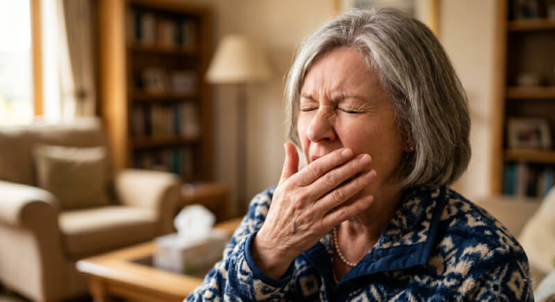 Older woman caught mid-sneeze with hand over mouth