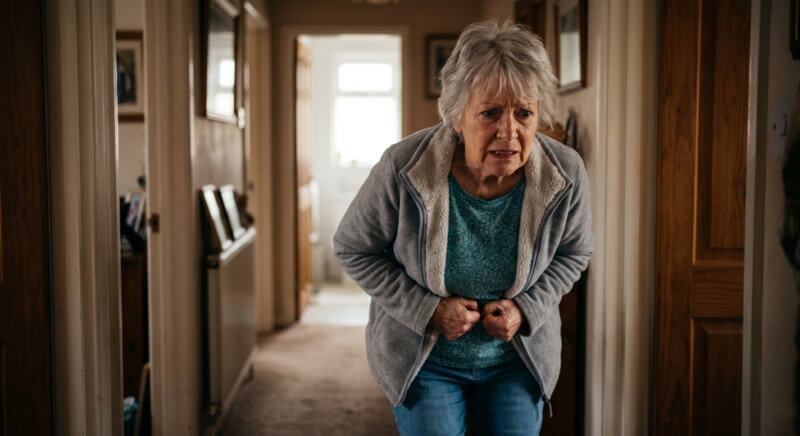 Senior woman rushing through hallway holding her abdomen, anxious expression