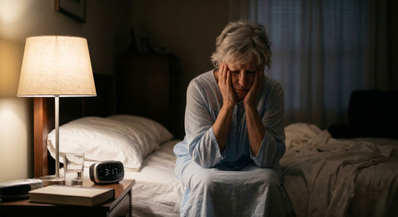 Older woman sitting on edge of bed at 3:17am, exhausted, bedside lamp on
