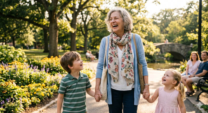 Senior woman walking and laughing with two grandchildren in a sunny park