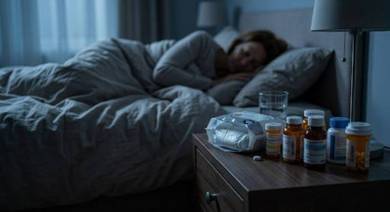 Nightstand cluttered with incontinence supplies, towel, alarm clock at 3:42 a.m.